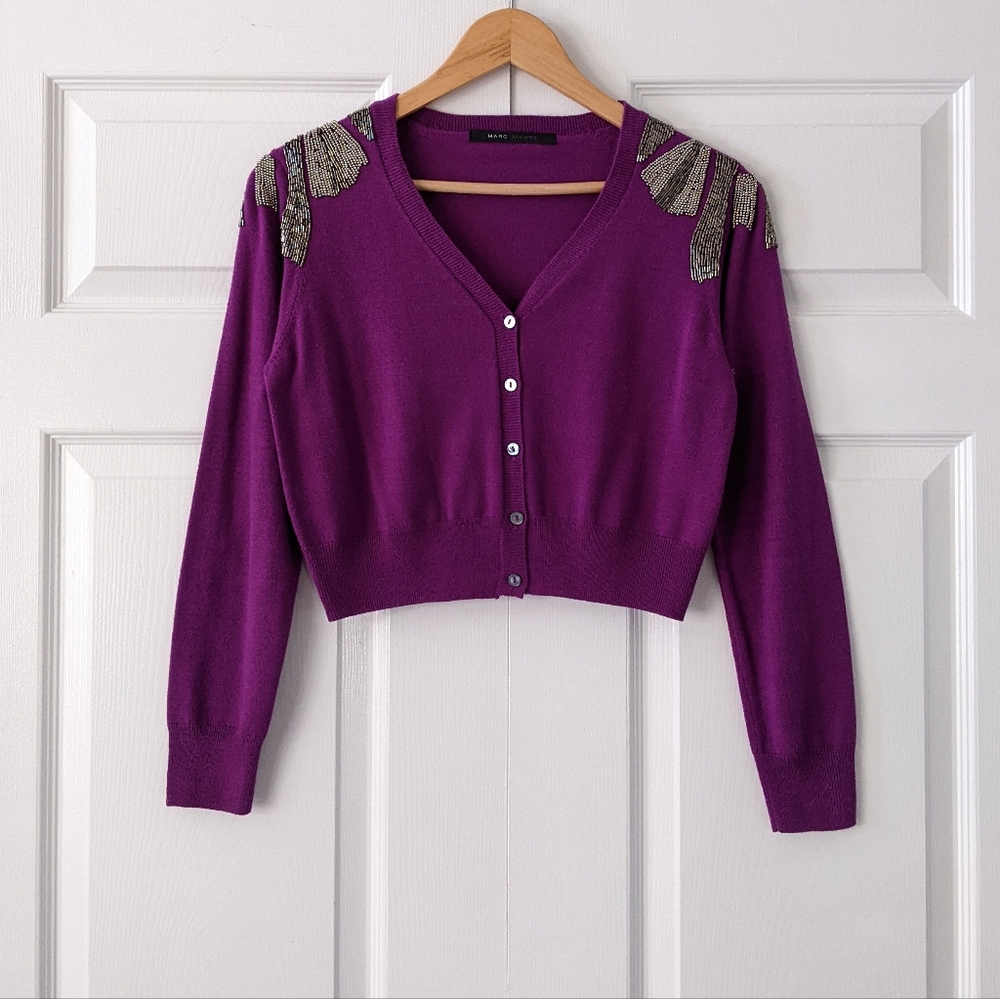 Marc Jacobs Y2K Beaded Fuchsia Wool Blend Cropped Cardigan Sweater | Size S/M* - Picture 1 of 13